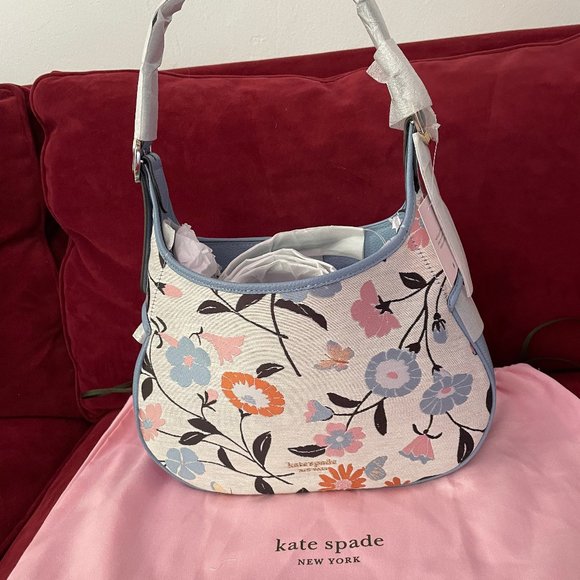Kate Spade Handbags - Kate Spade Blue Penny Floral Jacquard Small Hobo Bag